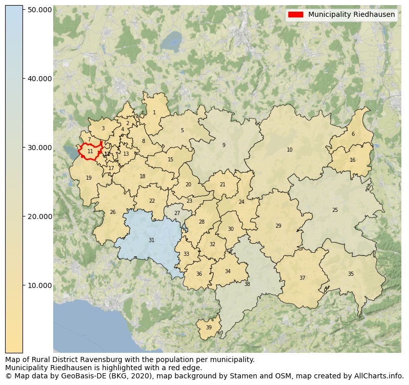 Map of Rural district Ravensburg with the population per municipality.Municipality Riedhausen is highlighted with a red edge.. This page shows a lot of information about residents (such as the distribution by age groups, family composition, gender, native or German with an immigration background, ...), homes (numbers, types, price development, use, type of property, ...) and more (car ownership, energy consumption, ...) based on open data from the German Federal Agency for Cartography, the Federal Statistical Office (DESTATIS), the Regional Statistical Offices and various other sources!