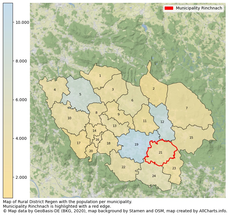 Map of Rural district Regen with the population per municipality.Municipality Rinchnach is highlighted with a red edge.. This page shows a lot of information about residents (such as the distribution by age groups, family composition, gender, native or German with an immigration background, ...), homes (numbers, types, price development, use, type of property, ...) and more (car ownership, energy consumption, ...) based on open data from the German Federal Agency for Cartography, the Federal Statistical Office (DESTATIS), the Regional Statistical Offices and various other sources!