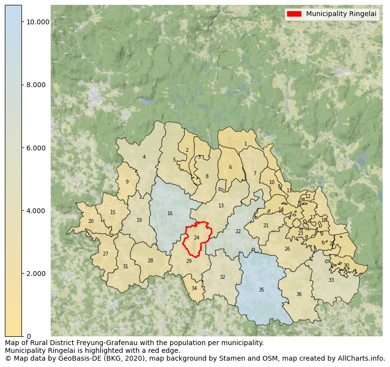 Map of Rural district Freyung-Grafenau with the population per municipality.Municipality Ringelai is highlighted with a red edge.. This page shows a lot of information about residents (such as the distribution by age groups, family composition, gender, native or German with an immigration background, ...), homes (numbers, types, price development, use, type of property, ...) and more (car ownership, energy consumption, ...) based on open data from the German Federal Agency for Cartography, the Federal Statistical Office (DESTATIS), the Regional Statistical Offices and various other sources!