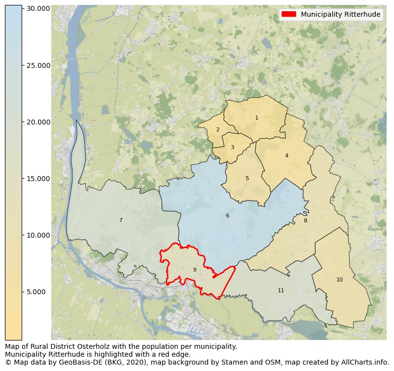 Map of Rural district Osterholz with the population per municipality.Municipality Ritterhude is highlighted with a red edge.. This page shows a lot of information about residents (such as the distribution by age groups, family composition, gender, native or German with an immigration background, ...), homes (numbers, types, price development, use, type of property, ...) and more (car ownership, energy consumption, ...) based on open data from the German Federal Agency for Cartography, the Federal Statistical Office (DESTATIS), the Regional Statistical Offices and various other sources!