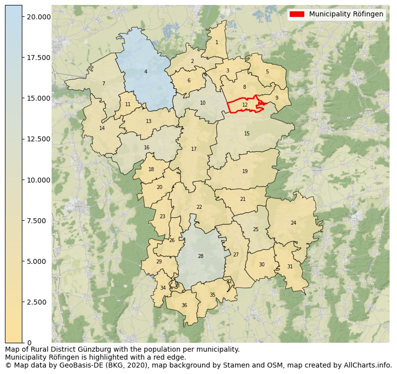 Map of Rural district Günzburg with the population per municipality.Municipality Röfingen is highlighted with a red edge.. This page shows a lot of information about residents (such as the distribution by age groups, family composition, gender, native or German with an immigration background, ...), homes (numbers, types, price development, use, type of property, ...) and more (car ownership, energy consumption, ...) based on open data from the German Federal Agency for Cartography, the Federal Statistical Office (DESTATIS), the Regional Statistical Offices and various other sources!