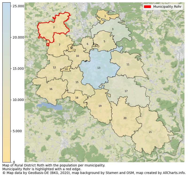 Map of Rural district Roth with the population per municipality.Municipality Rohr is highlighted with a red edge.. This page shows a lot of information about residents (such as the distribution by age groups, family composition, gender, native or German with an immigration background, ...), homes (numbers, types, price development, use, type of property, ...) and more (car ownership, energy consumption, ...) based on open data from the German Federal Agency for Cartography, the Federal Statistical Office (DESTATIS), the Regional Statistical Offices and various other sources!