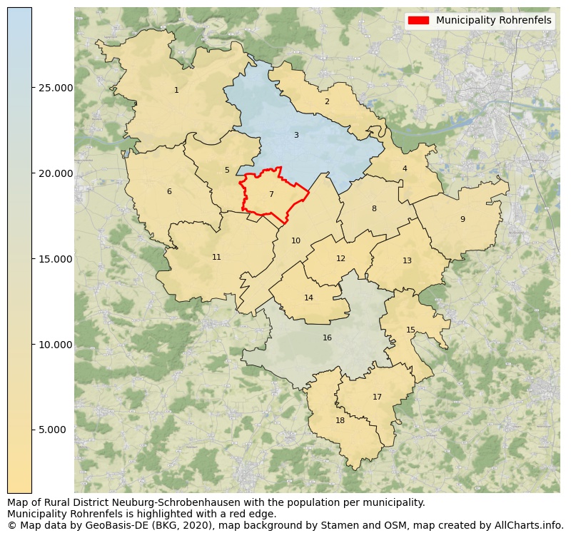 Map of Rural district Neuburg-Schrobenhausen with the population per municipality.Municipality Rohrenfels is highlighted with a red edge.. This page shows a lot of information about residents (such as the distribution by age groups, family composition, gender, native or German with an immigration background, ...), homes (numbers, types, price development, use, type of property, ...) and more (car ownership, energy consumption, ...) based on open data from the German Federal Agency for Cartography, the Federal Statistical Office (DESTATIS), the Regional Statistical Offices and various other sources!
