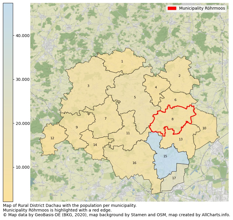 Map of Rural district Dachau with the population per municipality.Municipality Röhrmoos is highlighted with a red edge.. This page shows a lot of information about residents (such as the distribution by age groups, family composition, gender, native or German with an immigration background, ...), homes (numbers, types, price development, use, type of property, ...) and more (car ownership, energy consumption, ...) based on open data from the German Federal Agency for Cartography, the Federal Statistical Office (DESTATIS), the Regional Statistical Offices and various other sources!