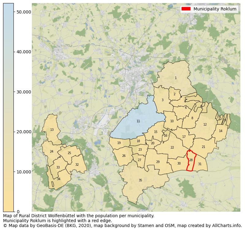 Map of Rural district Wolfenbüttel with the population per municipality.Municipality Roklum is highlighted with a red edge.. This page shows a lot of information about residents (such as the distribution by age groups, family composition, gender, native or German with an immigration background, ...), homes (numbers, types, price development, use, type of property, ...) and more (car ownership, energy consumption, ...) based on open data from the German Federal Agency for Cartography, the Federal Statistical Office (DESTATIS), the Regional Statistical Offices and various other sources!