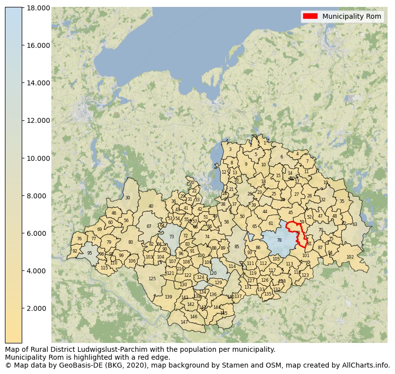 Map of Rural district Ludwigslust-Parchim with the population per municipality.Municipality Rom is highlighted with a red edge.. This page shows a lot of information about residents (such as the distribution by age groups, family composition, gender, native or German with an immigration background, ...), homes (numbers, types, price development, use, type of property, ...) and more (car ownership, energy consumption, ...) based on open data from the German Federal Agency for Cartography, the Federal Statistical Office (DESTATIS), the Regional Statistical Offices and various other sources!