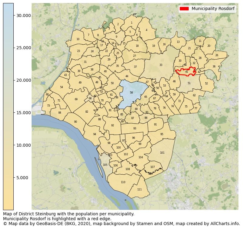 Map of District Steinburg with the population per municipality.Municipality Rosdorf is highlighted with a red edge.. This page shows a lot of information about residents (such as the distribution by age groups, family composition, gender, native or German with an immigration background, ...), homes (numbers, types, price development, use, type of property, ...) and more (car ownership, energy consumption, ...) based on open data from the German Federal Agency for Cartography, the Federal Statistical Office (DESTATIS), the Regional Statistical Offices and various other sources!