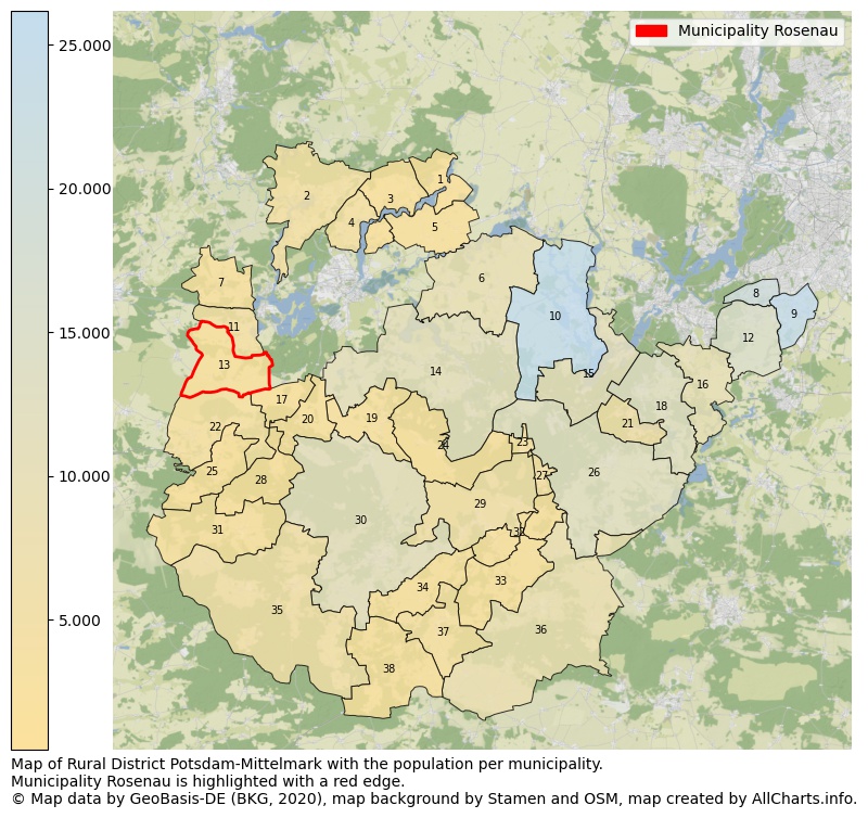 Map of Rural district Potsdam-Mittelmark with the population per municipality.Municipality Rosenau is highlighted with a red edge.. This page shows a lot of information about residents (such as the distribution by age groups, family composition, gender, native or German with an immigration background, ...), homes (numbers, types, price development, use, type of property, ...) and more (car ownership, energy consumption, ...) based on open data from the German Federal Agency for Cartography, the Federal Statistical Office (DESTATIS), the Regional Statistical Offices and various other sources!