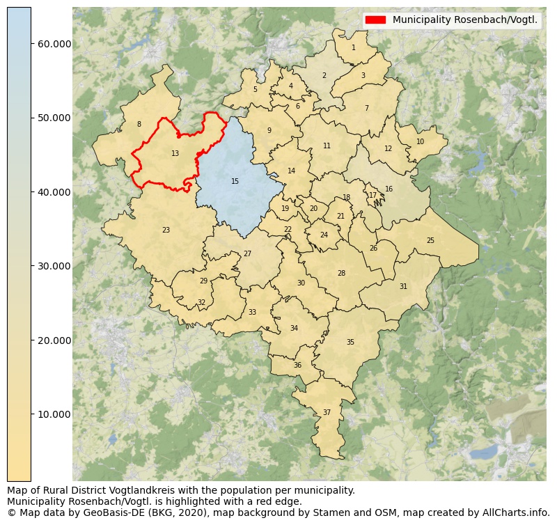 Map of Rural district Vogtlandkreis with the population per municipality.Municipality Rosenbach/Vogtl. is highlighted with a red edge.. This page shows a lot of information about residents (such as the distribution by age groups, family composition, gender, native or German with an immigration background, ...), homes (numbers, types, price development, use, type of property, ...) and more (car ownership, energy consumption, ...) based on open data from the German Federal Agency for Cartography, the Federal Statistical Office (DESTATIS), the Regional Statistical Offices and various other sources!
