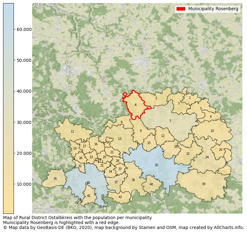 Map of Rural district Ostalbkreis with the population per municipality.Municipality Rosenberg is highlighted with a red edge.. This page shows a lot of information about residents (such as the distribution by age groups, family composition, gender, native or German with an immigration background, ...), homes (numbers, types, price development, use, type of property, ...) and more (car ownership, energy consumption, ...) based on open data from the German Federal Agency for Cartography, the Federal Statistical Office (DESTATIS), the Regional Statistical Offices and various other sources!