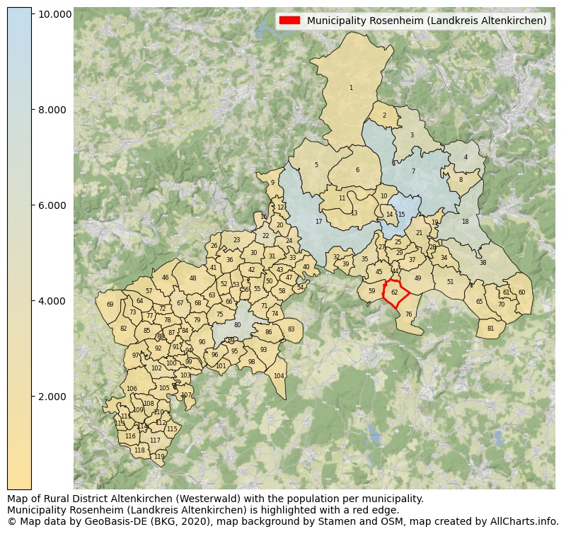 Map of Rural district Altenkirchen (Westerwald) with the population per municipality.Municipality Rosenheim (Landkreis Altenkirchen) is highlighted with a red edge.. This page shows a lot of information about residents (such as the distribution by age groups, family composition, gender, native or German with an immigration background, ...), homes (numbers, types, price development, use, type of property, ...) and more (car ownership, energy consumption, ...) based on open data from the German Federal Agency for Cartography, the Federal Statistical Office (DESTATIS), the Regional Statistical Offices and various other sources!