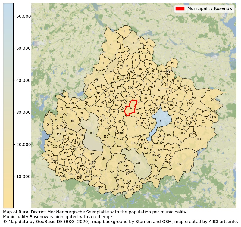 Map of Rural district Mecklenburgische Seenplatte with the population per municipality.Municipality Rosenow is highlighted with a red edge.. This page shows a lot of information about residents (such as the distribution by age groups, family composition, gender, native or German with an immigration background, ...), homes (numbers, types, price development, use, type of property, ...) and more (car ownership, energy consumption, ...) based on open data from the German Federal Agency for Cartography, the Federal Statistical Office (DESTATIS), the Regional Statistical Offices and various other sources!