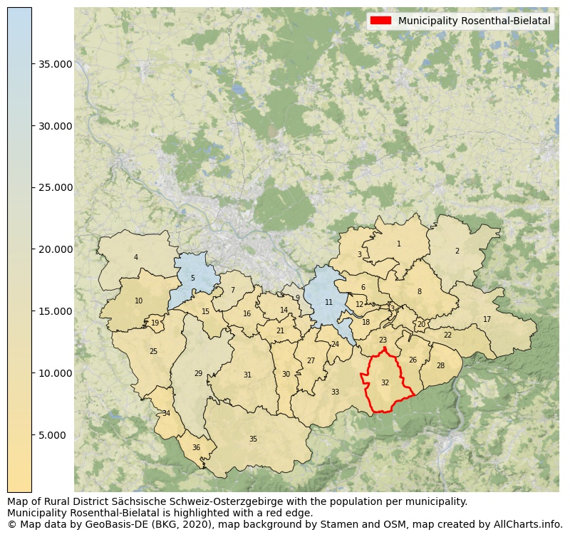 Map of Rural district Sächsische Schweiz-Osterzgebirge with the population per municipality.Municipality Rosenthal-Bielatal is highlighted with a red edge.. This page shows a lot of information about residents (such as the distribution by age groups, family composition, gender, native or German with an immigration background, ...), homes (numbers, types, price development, use, type of property, ...) and more (car ownership, energy consumption, ...) based on open data from the German Federal Agency for Cartography, the Federal Statistical Office (DESTATIS), the Regional Statistical Offices and various other sources!