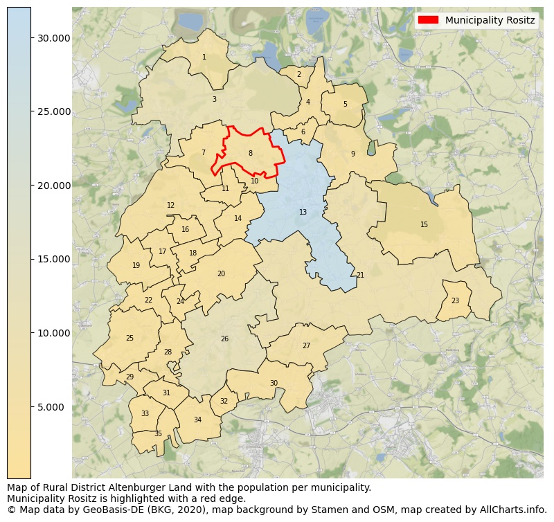 Map of Rural district Altenburger Land with the population per municipality.Municipality Rositz is highlighted with a red edge.. This page shows a lot of information about residents (such as the distribution by age groups, family composition, gender, native or German with an immigration background, ...), homes (numbers, types, price development, use, type of property, ...) and more (car ownership, energy consumption, ...) based on open data from the German Federal Agency for Cartography, the Federal Statistical Office (DESTATIS), the Regional Statistical Offices and various other sources!