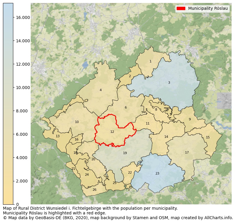 Map of Rural district Wunsiedel i. Fichtelgebirge with the population per municipality.Municipality Röslau is highlighted with a red edge.. This page shows a lot of information about residents (such as the distribution by age groups, family composition, gender, native or German with an immigration background, ...), homes (numbers, types, price development, use, type of property, ...) and more (car ownership, energy consumption, ...) based on open data from the German Federal Agency for Cartography, the Federal Statistical Office (DESTATIS), the Regional Statistical Offices and various other sources!