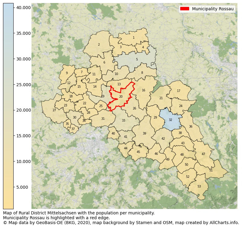 Map of Rural district Mittelsachsen with the population per municipality.Municipality Rossau is highlighted with a red edge.. This page shows a lot of information about residents (such as the distribution by age groups, family composition, gender, native or German with an immigration background, ...), homes (numbers, types, price development, use, type of property, ...) and more (car ownership, energy consumption, ...) based on open data from the German Federal Agency for Cartography, the Federal Statistical Office (DESTATIS), the Regional Statistical Offices and various other sources!