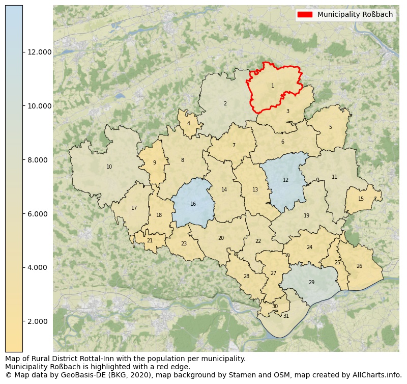 Map of Rural district Rottal-Inn with the population per municipality.Municipality Roßbach is highlighted with a red edge.. This page shows a lot of information about residents (such as the distribution by age groups, family composition, gender, native or German with an immigration background, ...), homes (numbers, types, price development, use, type of property, ...) and more (car ownership, energy consumption, ...) based on open data from the German Federal Agency for Cartography, the Federal Statistical Office (DESTATIS), the Regional Statistical Offices and various other sources!
