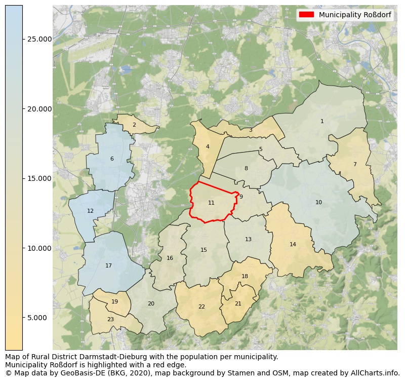 Map of Rural district Darmstadt-Dieburg with the population per municipality.Municipality Roßdorf is highlighted with a red edge.. This page shows a lot of information about residents (such as the distribution by age groups, family composition, gender, native or German with an immigration background, ...), homes (numbers, types, price development, use, type of property, ...) and more (car ownership, energy consumption, ...) based on open data from the German Federal Agency for Cartography, the Federal Statistical Office (DESTATIS), the Regional Statistical Offices and various other sources!