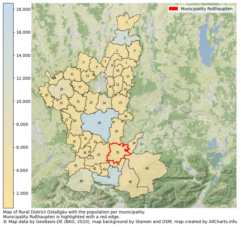 Map of Rural district Ostallgäu with the population per municipality.Municipality Roßhaupten is highlighted with a red edge.. This page shows a lot of information about residents (such as the distribution by age groups, family composition, gender, native or German with an immigration background, ...), homes (numbers, types, price development, use, type of property, ...) and more (car ownership, energy consumption, ...) based on open data from the German Federal Agency for Cartography, the Federal Statistical Office (DESTATIS), the Regional Statistical Offices and various other sources!