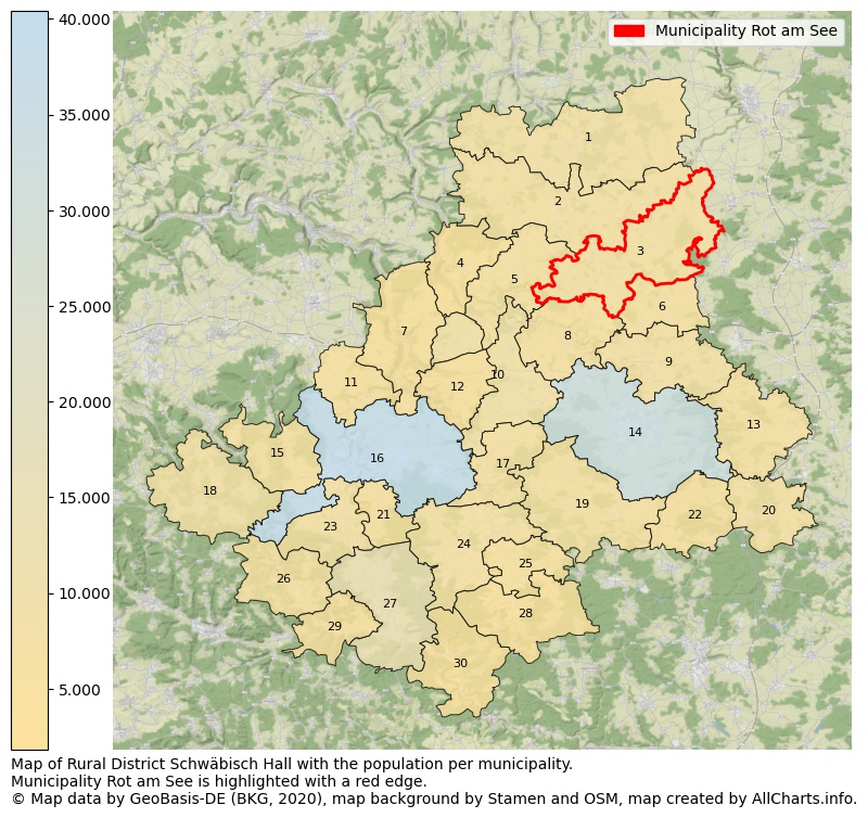 Map of Rural district Schwäbisch Hall with the population per municipality.Municipality Rot am See is highlighted with a red edge.. This page shows a lot of information about residents (such as the distribution by age groups, family composition, gender, native or German with an immigration background, ...), homes (numbers, types, price development, use, type of property, ...) and more (car ownership, energy consumption, ...) based on open data from the German Federal Agency for Cartography, the Federal Statistical Office (DESTATIS), the Regional Statistical Offices and various other sources!
