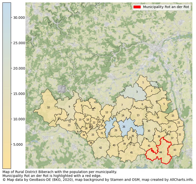 Map of Rural district Biberach with the population per municipality.Municipality Rot an der Rot is highlighted with a red edge.. This page shows a lot of information about residents (such as the distribution by age groups, family composition, gender, native or German with an immigration background, ...), homes (numbers, types, price development, use, type of property, ...) and more (car ownership, energy consumption, ...) based on open data from the German Federal Agency for Cartography, the Federal Statistical Office (DESTATIS), the Regional Statistical Offices and various other sources!