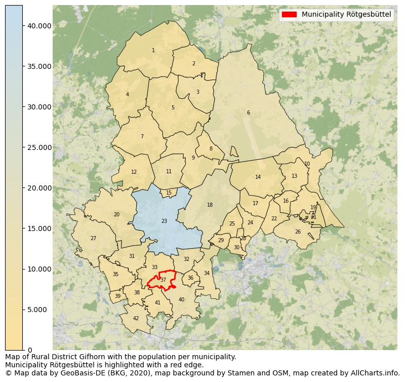 Map of Rural district Gifhorn with the population per municipality.Municipality Rötgesbüttel is highlighted with a red edge.. This page shows a lot of information about residents (such as the distribution by age groups, family composition, gender, native or German with an immigration background, ...), homes (numbers, types, price development, use, type of property, ...) and more (car ownership, energy consumption, ...) based on open data from the German Federal Agency for Cartography, the Federal Statistical Office (DESTATIS), the Regional Statistical Offices and various other sources!