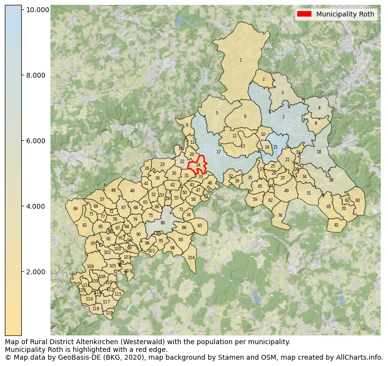 Map of Rural district Altenkirchen (Westerwald) with the population per municipality.Municipality Roth is highlighted with a red edge.. This page shows a lot of information about residents (such as the distribution by age groups, family composition, gender, native or German with an immigration background, ...), homes (numbers, types, price development, use, type of property, ...) and more (car ownership, energy consumption, ...) based on open data from the German Federal Agency for Cartography, the Federal Statistical Office (DESTATIS), the Regional Statistical Offices and various other sources!