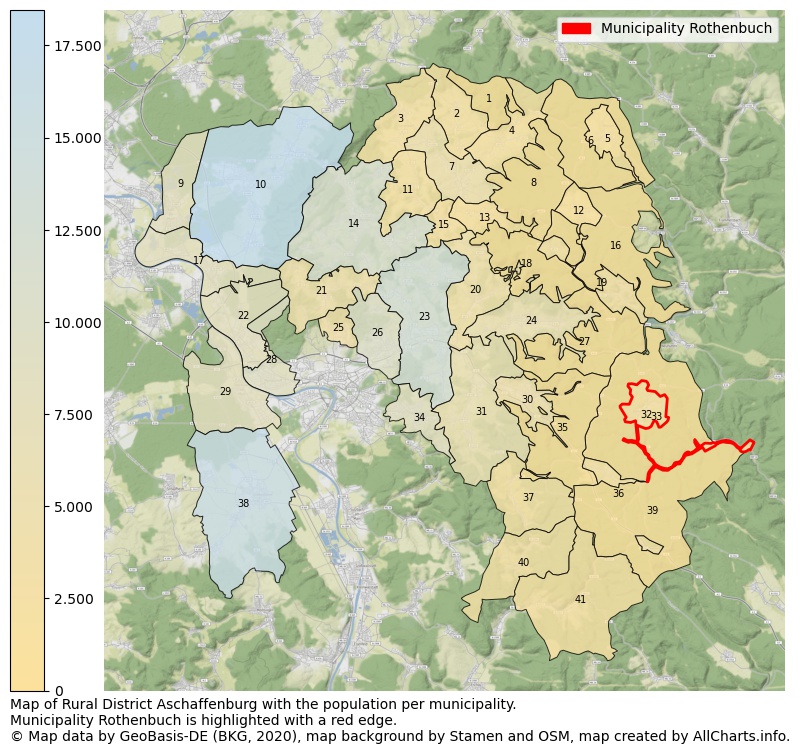 Map of Rural district Aschaffenburg with the population per municipality.Municipality Rothenbuch is highlighted with a red edge.. This page shows a lot of information about residents (such as the distribution by age groups, family composition, gender, native or German with an immigration background, ...), homes (numbers, types, price development, use, type of property, ...) and more (car ownership, energy consumption, ...) based on open data from the German Federal Agency for Cartography, the Federal Statistical Office (DESTATIS), the Regional Statistical Offices and various other sources!