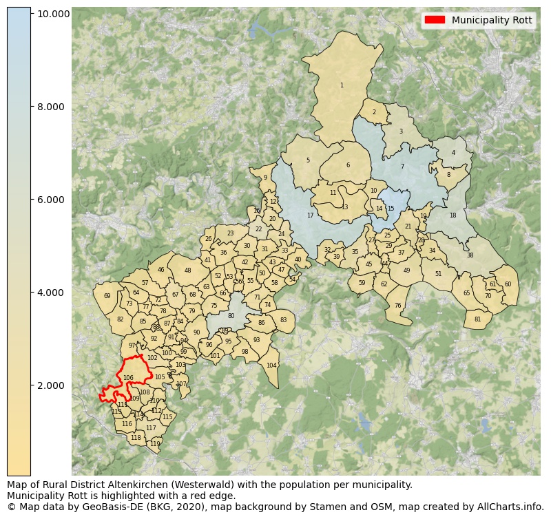 Map of Rural district Altenkirchen (Westerwald) with the population per municipality.Municipality Rott is highlighted with a red edge.. This page shows a lot of information about residents (such as the distribution by age groups, family composition, gender, native or German with an immigration background, ...), homes (numbers, types, price development, use, type of property, ...) and more (car ownership, energy consumption, ...) based on open data from the German Federal Agency for Cartography, the Federal Statistical Office (DESTATIS), the Regional Statistical Offices and various other sources!