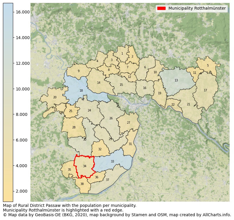 Map of Rural district Passaw with the population per municipality.Municipality Rotthalmünster is highlighted with a red edge.. This page shows a lot of information about residents (such as the distribution by age groups, family composition, gender, native or German with an immigration background, ...), homes (numbers, types, price development, use, type of property, ...) and more (car ownership, energy consumption, ...) based on open data from the German Federal Agency for Cartography, the Federal Statistical Office (DESTATIS), the Regional Statistical Offices and various other sources!