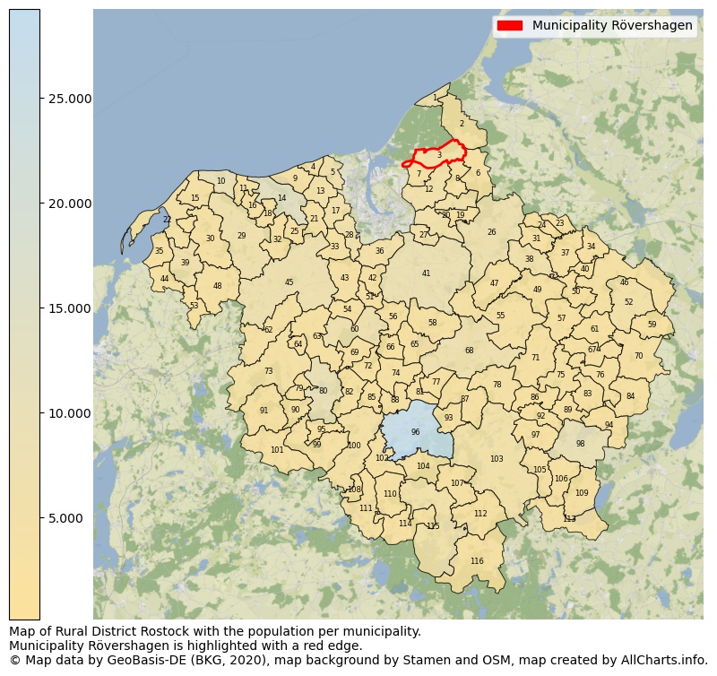 Map of Rural district Rostock with the population per municipality.Municipality Rövershagen is highlighted with a red edge.. This page shows a lot of information about residents (such as the distribution by age groups, family composition, gender, native or German with an immigration background, ...), homes (numbers, types, price development, use, type of property, ...) and more (car ownership, energy consumption, ...) based on open data from the German Federal Agency for Cartography, the Federal Statistical Office (DESTATIS), the Regional Statistical Offices and various other sources!