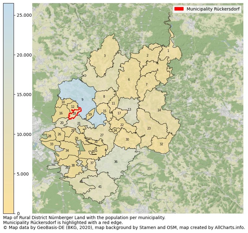 Map of Rural district Nürnberger Land with the population per municipality.Municipality Rückersdorf is highlighted with a red edge.. This page shows a lot of information about residents (such as the distribution by age groups, family composition, gender, native or German with an immigration background, ...), homes (numbers, types, price development, use, type of property, ...) and more (car ownership, energy consumption, ...) based on open data from the German Federal Agency for Cartography, the Federal Statistical Office (DESTATIS), the Regional Statistical Offices and various other sources!