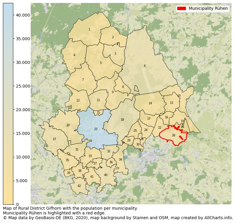 Map of Rural district Gifhorn with the population per municipality.Municipality Rühen is highlighted with a red edge.. This page shows a lot of information about residents (such as the distribution by age groups, family composition, gender, native or German with an immigration background, ...), homes (numbers, types, price development, use, type of property, ...) and more (car ownership, energy consumption, ...) based on open data from the German Federal Agency for Cartography, the Federal Statistical Office (DESTATIS), the Regional Statistical Offices and various other sources!