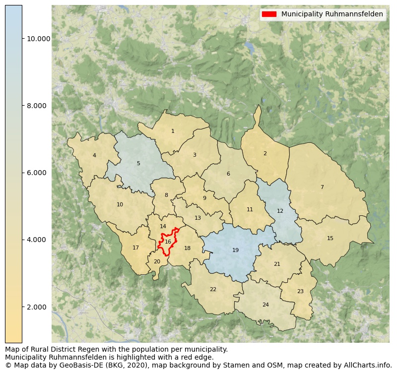 Map of Rural district Regen with the population per municipality.Municipality Ruhmannsfelden is highlighted with a red edge.. This page shows a lot of information about residents (such as the distribution by age groups, family composition, gender, native or German with an immigration background, ...), homes (numbers, types, price development, use, type of property, ...) and more (car ownership, energy consumption, ...) based on open data from the German Federal Agency for Cartography, the Federal Statistical Office (DESTATIS), the Regional Statistical Offices and various other sources!