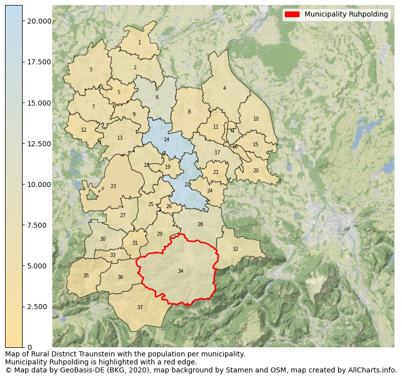 Map of Rural district Traunstein with the population per municipality.Municipality Ruhpolding is highlighted with a red edge.. This page shows a lot of information about residents (such as the distribution by age groups, family composition, gender, native or German with an immigration background, ...), homes (numbers, types, price development, use, type of property, ...) and more (car ownership, energy consumption, ...) based on open data from the German Federal Agency for Cartography, the Federal Statistical Office (DESTATIS), the Regional Statistical Offices and various other sources!