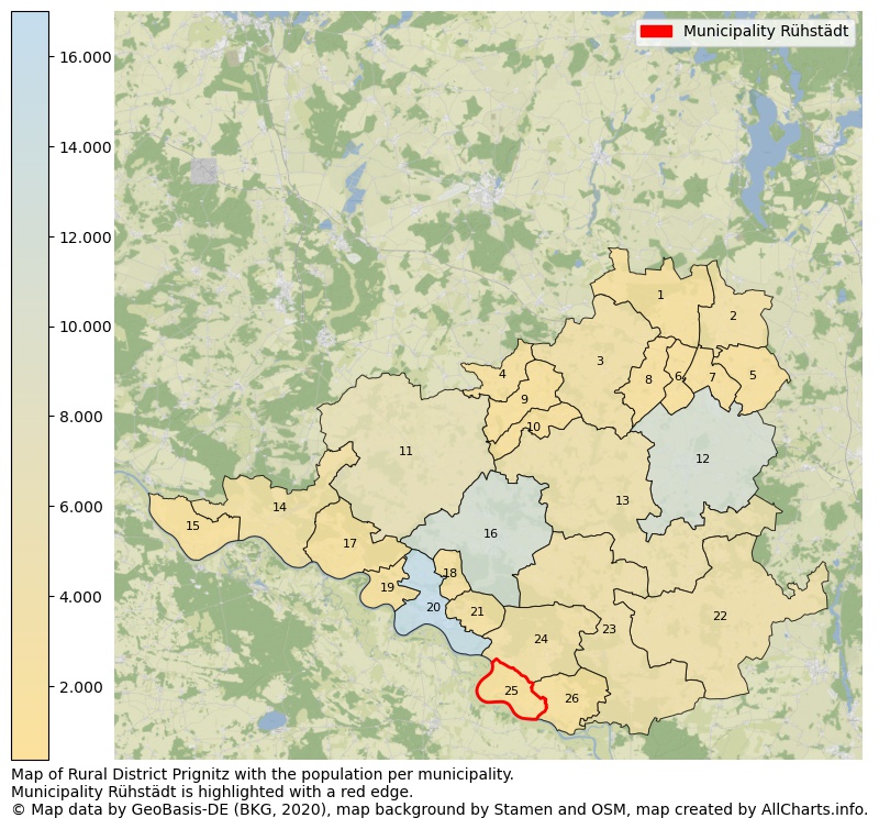 Map of Rural district Prignitz with the population per municipality.Municipality Rühstädt is highlighted with a red edge.. This page shows a lot of information about residents (such as the distribution by age groups, family composition, gender, native or German with an immigration background, ...), homes (numbers, types, price development, use, type of property, ...) and more (car ownership, energy consumption, ...) based on open data from the German Federal Agency for Cartography, the Federal Statistical Office (DESTATIS), the Regional Statistical Offices and various other sources!