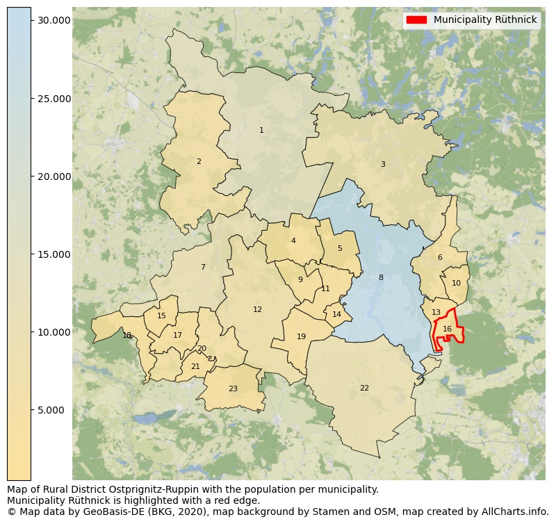 Map of Rural district Ostprignitz-Ruppin with the population per municipality.Municipality Rüthnick is highlighted with a red edge.. This page shows a lot of information about residents (such as the distribution by age groups, family composition, gender, native or German with an immigration background, ...), homes (numbers, types, price development, use, type of property, ...) and more (car ownership, energy consumption, ...) based on open data from the German Federal Agency for Cartography, the Federal Statistical Office (DESTATIS), the Regional Statistical Offices and various other sources!