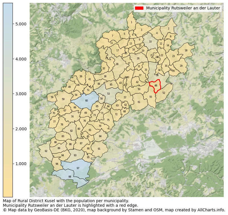 Map of Rural district Kusel with the population per municipality.Municipality Rutsweiler an der Lauter is highlighted with a red edge.. This page shows a lot of information about residents (such as the distribution by age groups, family composition, gender, native or German with an immigration background, ...), homes (numbers, types, price development, use, type of property, ...) and more (car ownership, energy consumption, ...) based on open data from the German Federal Agency for Cartography, the Federal Statistical Office (DESTATIS), the Regional Statistical Offices and various other sources!