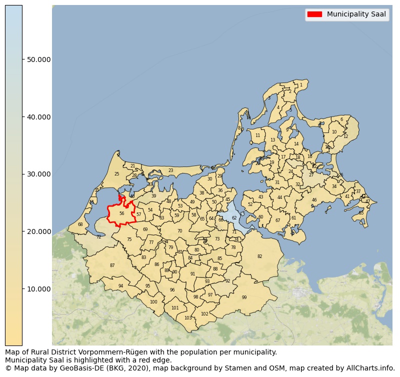 Map of Rural district Vorpommern-Rügen with the population per municipality.Municipality Saal is highlighted with a red edge.. This page shows a lot of information about residents (such as the distribution by age groups, family composition, gender, native or German with an immigration background, ...), homes (numbers, types, price development, use, type of property, ...) and more (car ownership, energy consumption, ...) based on open data from the German Federal Agency for Cartography, the Federal Statistical Office (DESTATIS), the Regional Statistical Offices and various other sources!