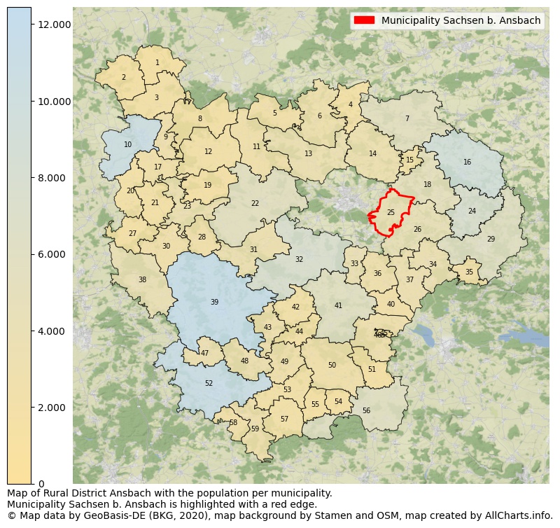 Map of Rural district Ansbach with the population per municipality.Municipality Sachsen b. Ansbach is highlighted with a red edge.. This page shows a lot of information about residents (such as the distribution by age groups, family composition, gender, native or German with an immigration background, ...), homes (numbers, types, price development, use, type of property, ...) and more (car ownership, energy consumption, ...) based on open data from the German Federal Agency for Cartography, the Federal Statistical Office (DESTATIS), the Regional Statistical Offices and various other sources!