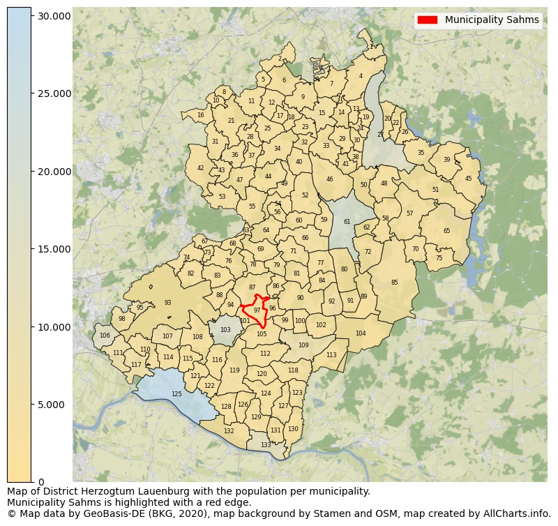 Map of District Herzogtum Lauenburg with the population per municipality.Municipality Sahms is highlighted with a red edge.. This page shows a lot of information about residents (such as the distribution by age groups, family composition, gender, native or German with an immigration background, ...), homes (numbers, types, price development, use, type of property, ...) and more (car ownership, energy consumption, ...) based on open data from the German Federal Agency for Cartography, the Federal Statistical Office (DESTATIS), the Regional Statistical Offices and various other sources!