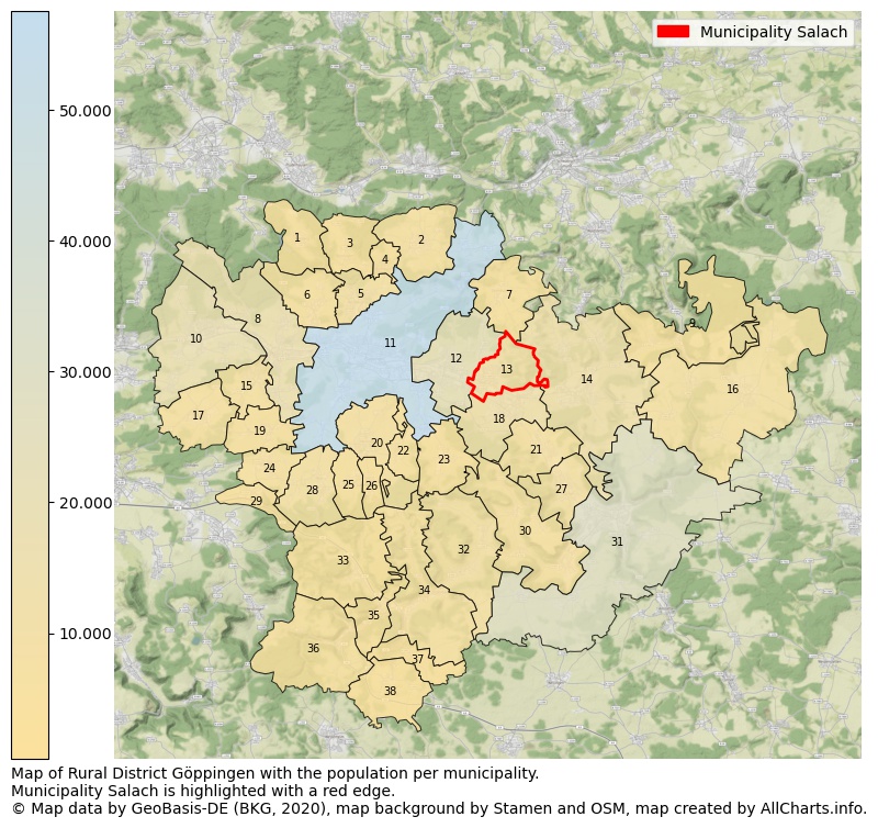 Map of Rural district Göppingen with the population per municipality.Municipality Salach is highlighted with a red edge.. This page shows a lot of information about residents (such as the distribution by age groups, family composition, gender, native or German with an immigration background, ...), homes (numbers, types, price development, use, type of property, ...) and more (car ownership, energy consumption, ...) based on open data from the German Federal Agency for Cartography, the Federal Statistical Office (DESTATIS), the Regional Statistical Offices and various other sources!