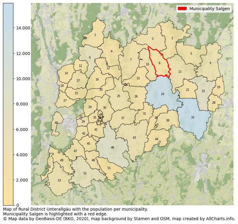 Map of Rural district Unterallgäu with the population per municipality.Municipality Salgen is highlighted with a red edge.. This page shows a lot of information about residents (such as the distribution by age groups, family composition, gender, native or German with an immigration background, ...), homes (numbers, types, price development, use, type of property, ...) and more (car ownership, energy consumption, ...) based on open data from the German Federal Agency for Cartography, the Federal Statistical Office (DESTATIS), the Regional Statistical Offices and various other sources!