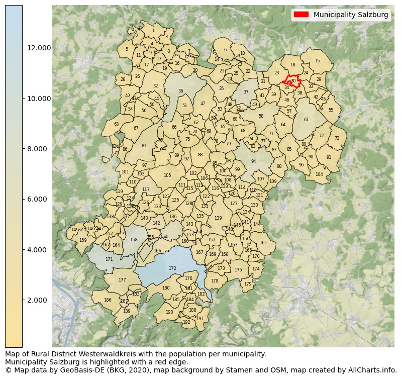 Map of Rural district Westerwaldkreis with the population per municipality.Municipality Salzburg is highlighted with a red edge.. This page shows a lot of information about residents (such as the distribution by age groups, family composition, gender, native or German with an immigration background, ...), homes (numbers, types, price development, use, type of property, ...) and more (car ownership, energy consumption, ...) based on open data from the German Federal Agency for Cartography, the Federal Statistical Office (DESTATIS), the Regional Statistical Offices and various other sources!
