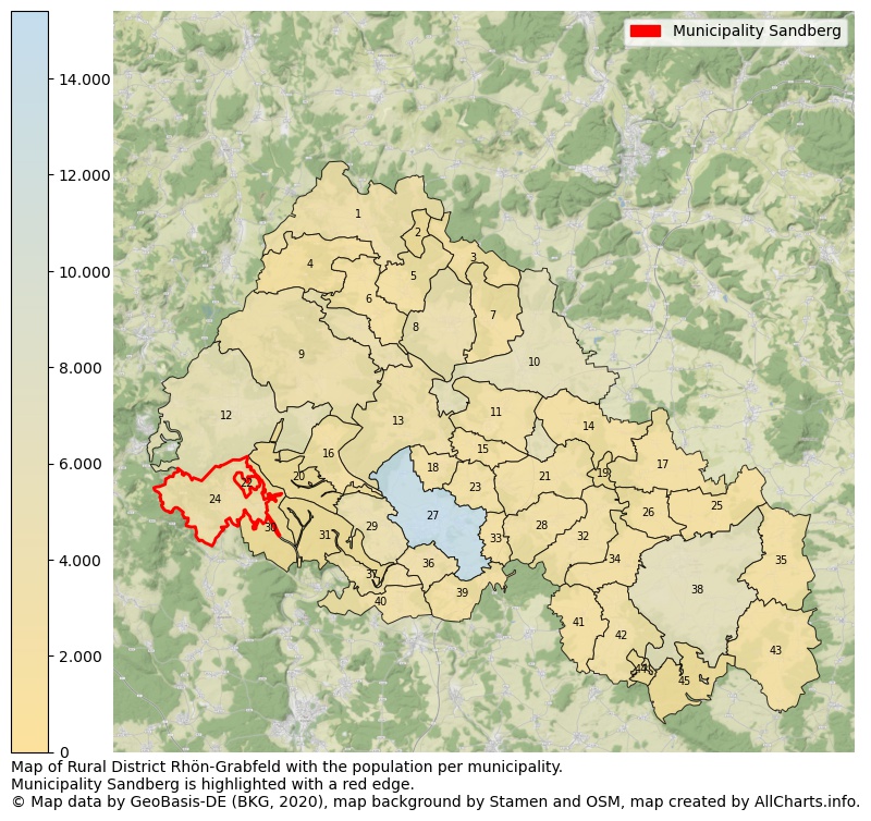 Map of Rural district Rhön-Grabfeld with the population per municipality.Municipality Sandberg is highlighted with a red edge.. This page shows a lot of information about residents (such as the distribution by age groups, family composition, gender, native or German with an immigration background, ...), homes (numbers, types, price development, use, type of property, ...) and more (car ownership, energy consumption, ...) based on open data from the German Federal Agency for Cartography, the Federal Statistical Office (DESTATIS), the Regional Statistical Offices and various other sources!