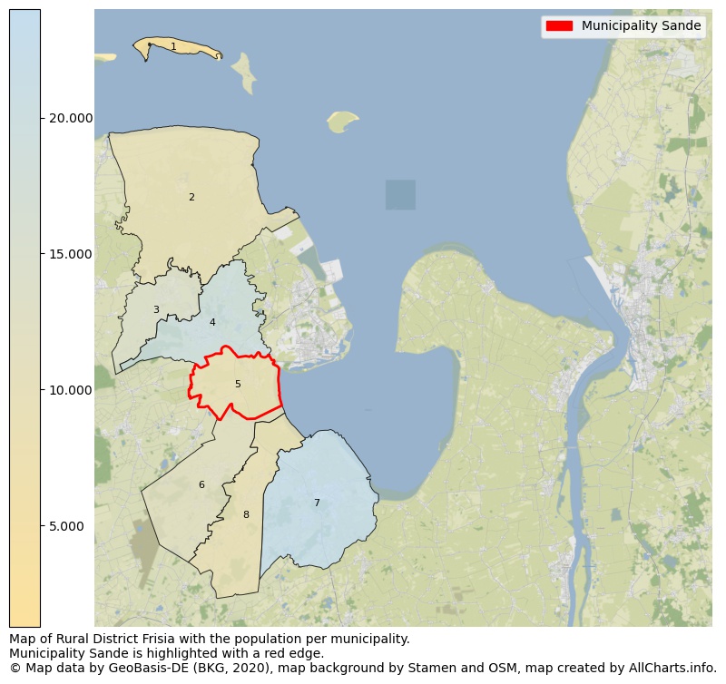 Map of Rural district Frisia with the population per municipality.Municipality Sande is highlighted with a red edge.. This page shows a lot of information about residents (such as the distribution by age groups, family composition, gender, native or German with an immigration background, ...), homes (numbers, types, price development, use, type of property, ...) and more (car ownership, energy consumption, ...) based on open data from the German Federal Agency for Cartography, the Federal Statistical Office (DESTATIS), the Regional Statistical Offices and various other sources!