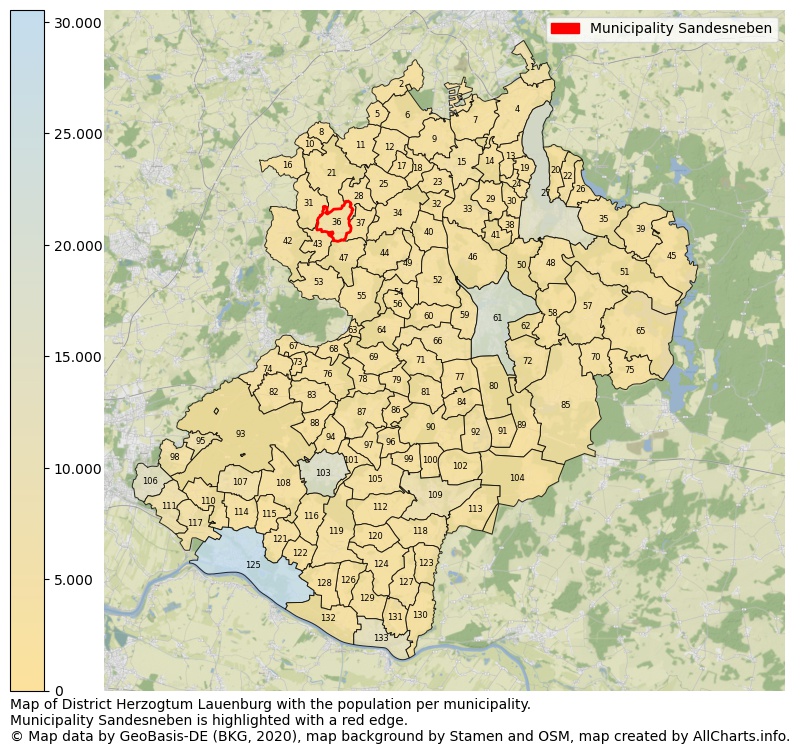 Map of District Herzogtum Lauenburg with the population per municipality.Municipality Sandesneben is highlighted with a red edge.. This page shows a lot of information about residents (such as the distribution by age groups, family composition, gender, native or German with an immigration background, ...), homes (numbers, types, price development, use, type of property, ...) and more (car ownership, energy consumption, ...) based on open data from the German Federal Agency for Cartography, the Federal Statistical Office (DESTATIS), the Regional Statistical Offices and various other sources!