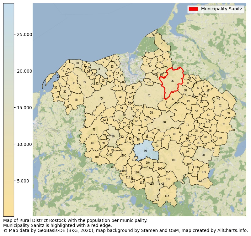 Map of Rural district Rostock with the population per municipality.Municipality Sanitz is highlighted with a red edge.. This page shows a lot of information about residents (such as the distribution by age groups, family composition, gender, native or German with an immigration background, ...), homes (numbers, types, price development, use, type of property, ...) and more (car ownership, energy consumption, ...) based on open data from the German Federal Agency for Cartography, the Federal Statistical Office (DESTATIS), the Regional Statistical Offices and various other sources!