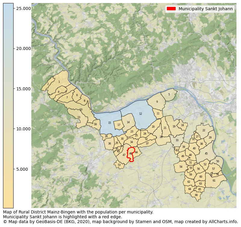 Map of Rural district Mainz-Bingen with the population per municipality.Municipality Sankt Johann is highlighted with a red edge.. This page shows a lot of information about residents (such as the distribution by age groups, family composition, gender, native or German with an immigration background, ...), homes (numbers, types, price development, use, type of property, ...) and more (car ownership, energy consumption, ...) based on open data from the German Federal Agency for Cartography, the Federal Statistical Office (DESTATIS), the Regional Statistical Offices and various other sources!