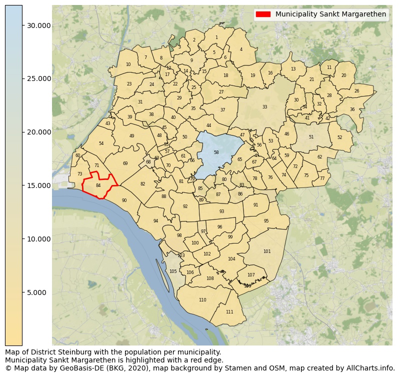 Map of District Steinburg with the population per municipality.Municipality Sankt Margarethen is highlighted with a red edge.. This page shows a lot of information about residents (such as the distribution by age groups, family composition, gender, native or German with an immigration background, ...), homes (numbers, types, price development, use, type of property, ...) and more (car ownership, energy consumption, ...) based on open data from the German Federal Agency for Cartography, the Federal Statistical Office (DESTATIS), the Regional Statistical Offices and various other sources!